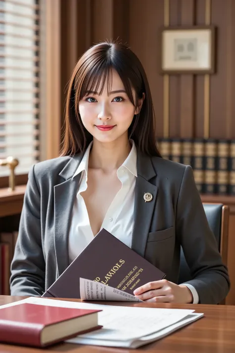 firm and big breasts, cleavage, A realistic photographic composition framed from just below the shoulders of a female lawyer seated at a polished wooden desk in a professional legal office, ensuring her entire head is fully visible within the frame without...