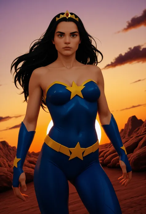 1 menina, armadura, ombros nus, black hair, olhos azuis, seios,  circle , decote,  collarbone, tiara, Collant, long hair, looking at the viewer,  medium breasts, ao ar livre, Sozinho,  standing, star symbol,  strapless , sunset, superhero, dynamic angle, D...