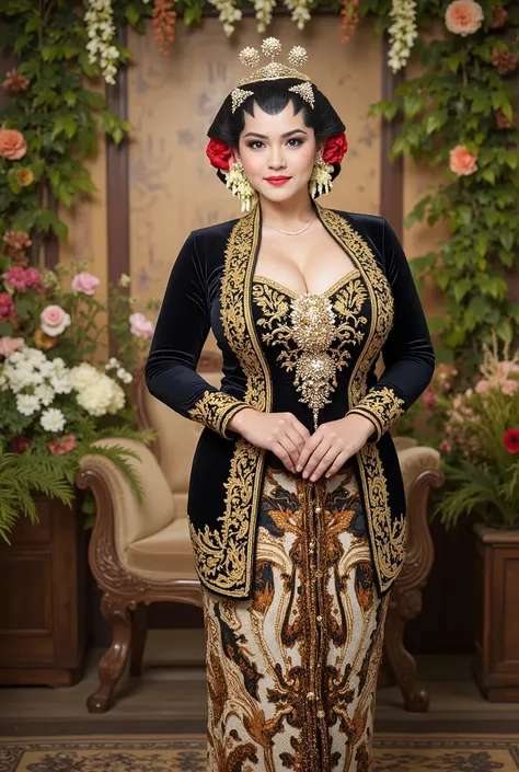 Bbw womwn chubby in kebaya dress, open breast full body