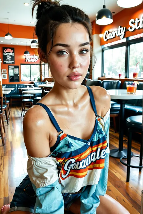 A close-up artistic portrait of a young woman with pale, freckled skin, kneeling gracefully on the floor. The focus is on her delicate collarbones, slender shoulders, and glossy lips, subtly highlighted with a natural, dewy sheen. Her loose, messy hairstyl...