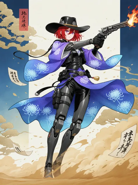 panoramic，Take a full body shot from a distance，Revolver focus，Western girl cowboy head wearing a wide-brimmed hat with chrysanthemum pattern，wearing indigo gradient kimono cover leather vest，double held carved revolver with neon stress cross shooting，mechanical prosthetic joint wrapped with string and luminous haiku tagging paper，background blending Gobi red rock with Mt. Fuji cherry blossom forest，sandstorm wrapped with Ukiyo-e wave pattern，muzzle flame using cinnabar ink crochet techniques，The angular lens highlights the collision between the leather strap and satin material，copper-colored gear device and indigo cloth form an Edo period color scheme，Watercolor comic texture
