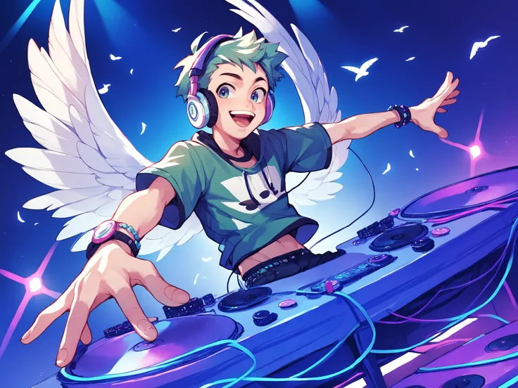 score_9, score_8_up, score_7_up, score_6_up, score_5_up, score_4_up, (source_anime),  ((( boy))) happy, Rave, Bird wings, DJ, headphones 