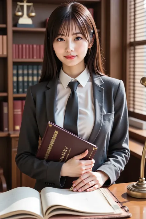 firm and big breasts, cleavage, A realistic photographic composition framed from just below the shoulders of a female lawyer seated at a polished wooden desk in a professional legal office, ensuring her entire head is fully visible within the frame without...