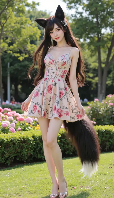 8 k, super detailed, high quality, smiling woman, like a heavenly goddess, dark fox tail, dark fox ears, shiny green eyes , long dark hair , standing position, Full height, legs, in a garden with lots of flowers , in an elegant floral dress, hair jewelry....