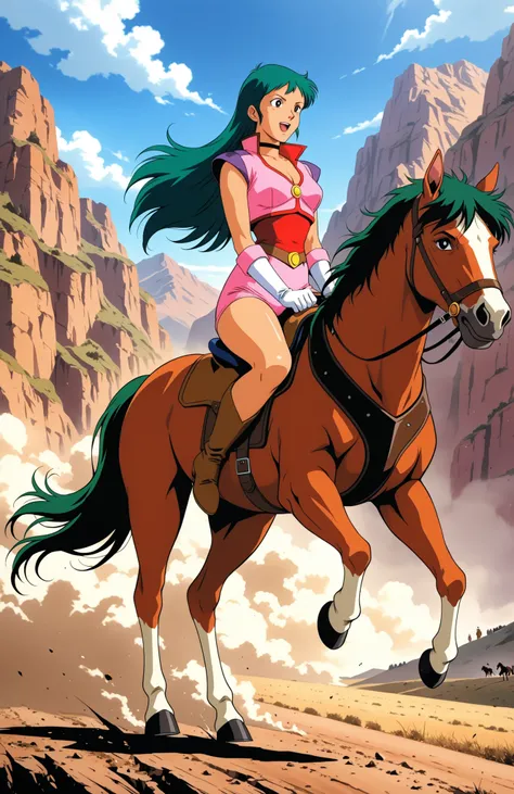 Time Gal, with long green hair,  riding a horse in the old west, in full view in a highly detailed anime style