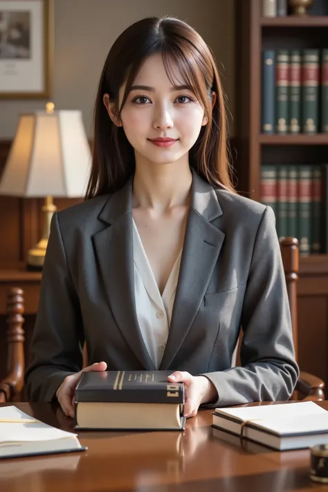 firm and big breasts, cleavage, A realistic photographic composition framed from just below the shoulders of a female lawyer seated at a polished wooden desk in a professional legal office, ensuring her entire head is fully visible within the frame without...