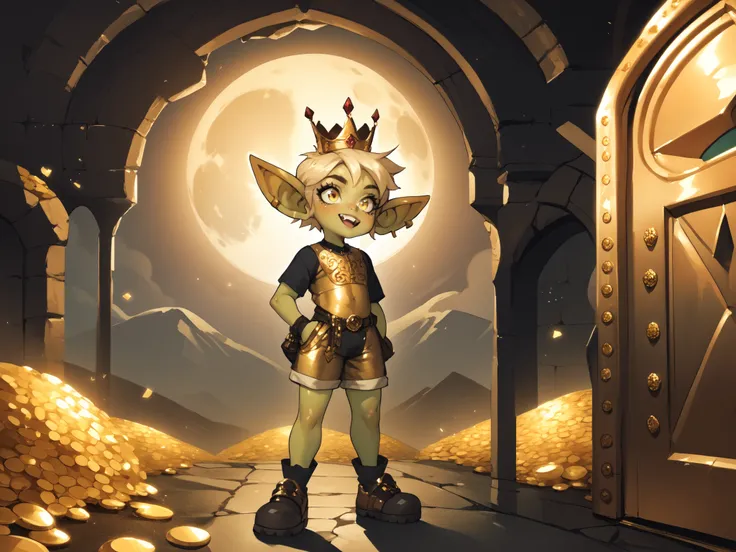 score_9, score_8_up, score_7_up, score_6_up, score_5_up, score_4_up, (source_anime),, green skin, blonde hair, gold eyes, happy, detailed eyes, pointed ears, gold dress, treasure, gems, dungeon, adorable, crown, moon, male Goblin, Shorts, t shirt