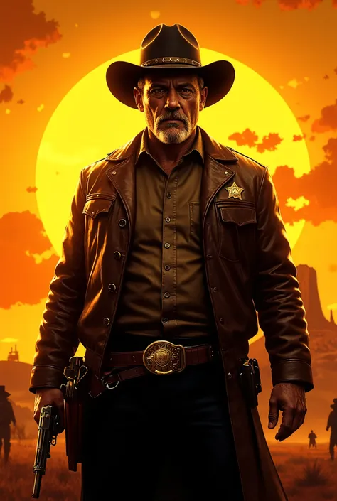 (( front view Sheriff with one hand on his gun at waist height attentive to every step , making a great reference to Great Movies of the Old West, Cinematic quality ((front angle 0 º) , details of the face of the determined serious Sheriff, little slime on...