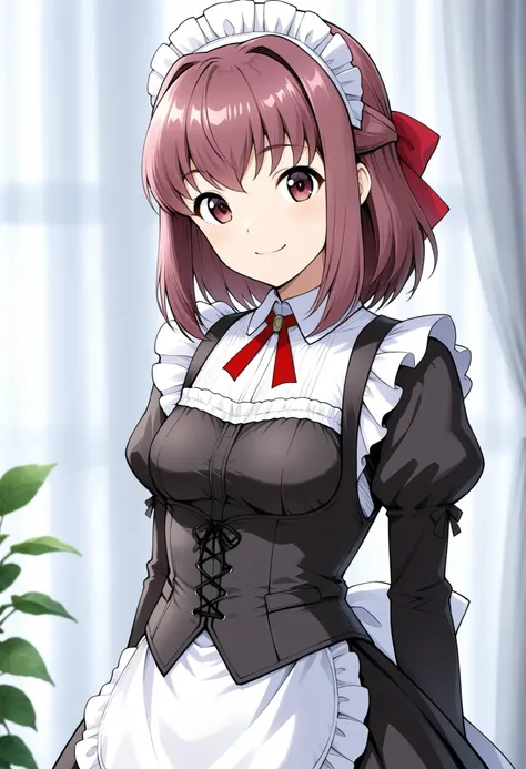 high resolution、Highest Quality、super quality、shot from the front、is smiling、one girl、solo、 Kondo Taeko 、smile、Absolute reference to center 、Red brown pretty eyes、 shiny brown hair , short hair ,Red Ribbon、 ( Beautiful brown eyes )、 very detailed face, hig...