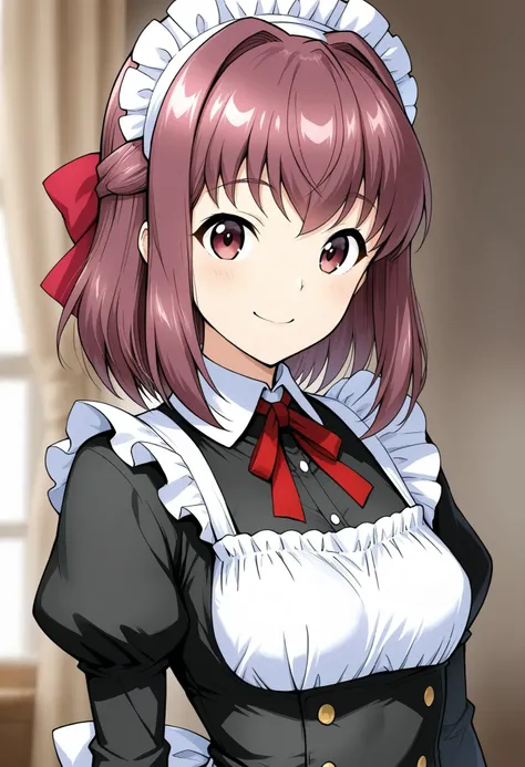 high resolution、Highest Quality、super quality、shot from the front、is smiling、one girl、solo、 Kondo Taeko 、smile、Absolute reference to center 、Red brown pretty eyes、 shiny brown hair , short hair ,Red Ribbon、 ( Beautiful brown eyes )、 very detailed face, hig...