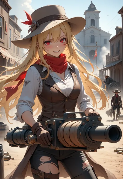 ((best quality)), ((masterpiece)), (detailed), perfect face, Western movie, Gatling gun, gunman, Ten-gallon hat, blonde, long hair, untrimmed, he gunslinger stands at the edge of town, her wide-brimmed hat pulled low to hide a smirk that dares anyone to ch...
