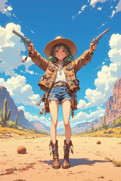 a cheerful and adventurous cowgirl with colorful hair streaks, standing proudly in the center of a wide dusty desert under a brilliant blue sky, wearing a playful wide-brimmed hat, a fringed jacket, denim shorts, and cowboy boots decorated with colorful ch...