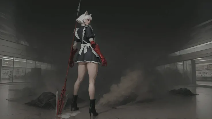 A beautiful girl with cat ears, short white hair, with a long side fringe, ojos rojos, sharp eye, beautiful skin, extremely nice body, ((pretty face)),  A maid's uniform, short skirts, (maid) , (A big red gauntlet on the right arm), (left arm without a gau...