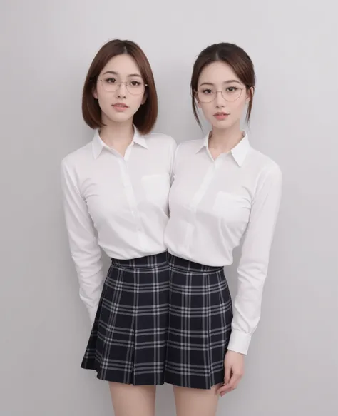  best resolution , 2 heads,  woman with two heads ,  connected , short, reddish brown hair, midlenght cut hair, glasses, Mm, playful expression, sportswear, in plaid button-down blouse and short skirt,  nerdy, round faces , long sleeves, waist,  , waist, i...