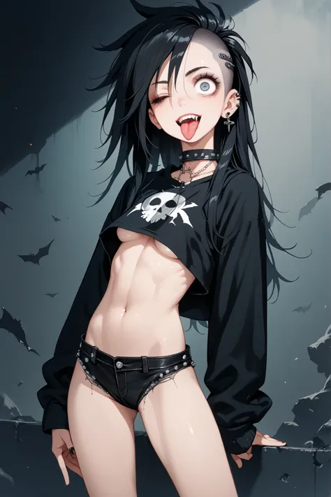 black hair, long hair, sagging eyes, one eye closed winking, tongue out punk expression, vampire fangs , attitude, punk rock, large midriff,  underboob, petite slim body, thin legs,
