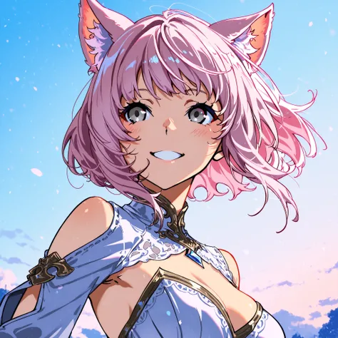 (yoneyama mai style), dynamic pose, half body, 3/4 angle, masterpiece, high quality, pale pink hair girl, short tidy hair, pale pink cat ears, bluish gray eyes, anime style, adult face, cute, smiling, sky background, ffxiv, miqote, fantasy clothes