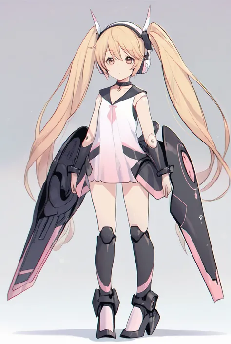 masterpiece, best quality, ultra detailed, anime style, 1girl, futuristic mech armor, robotic limbs, exoskeleton legs, pastel pink & black & yellow color scheme, long blonde twintails with headphone-like accessories, big brown eyes, small mouth, choker nec...