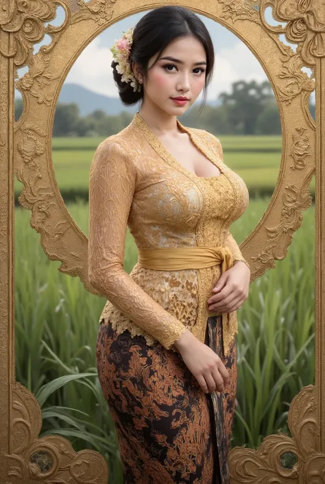 Capture an award-winning editorial fashion photograph of a beautiful busty Javanese peasant woman donning a brocade kebaya dress and batik long skirt, simple bun hairdo with small beautiful flowers in her hair, insanely detailed and intricate rice field ba...