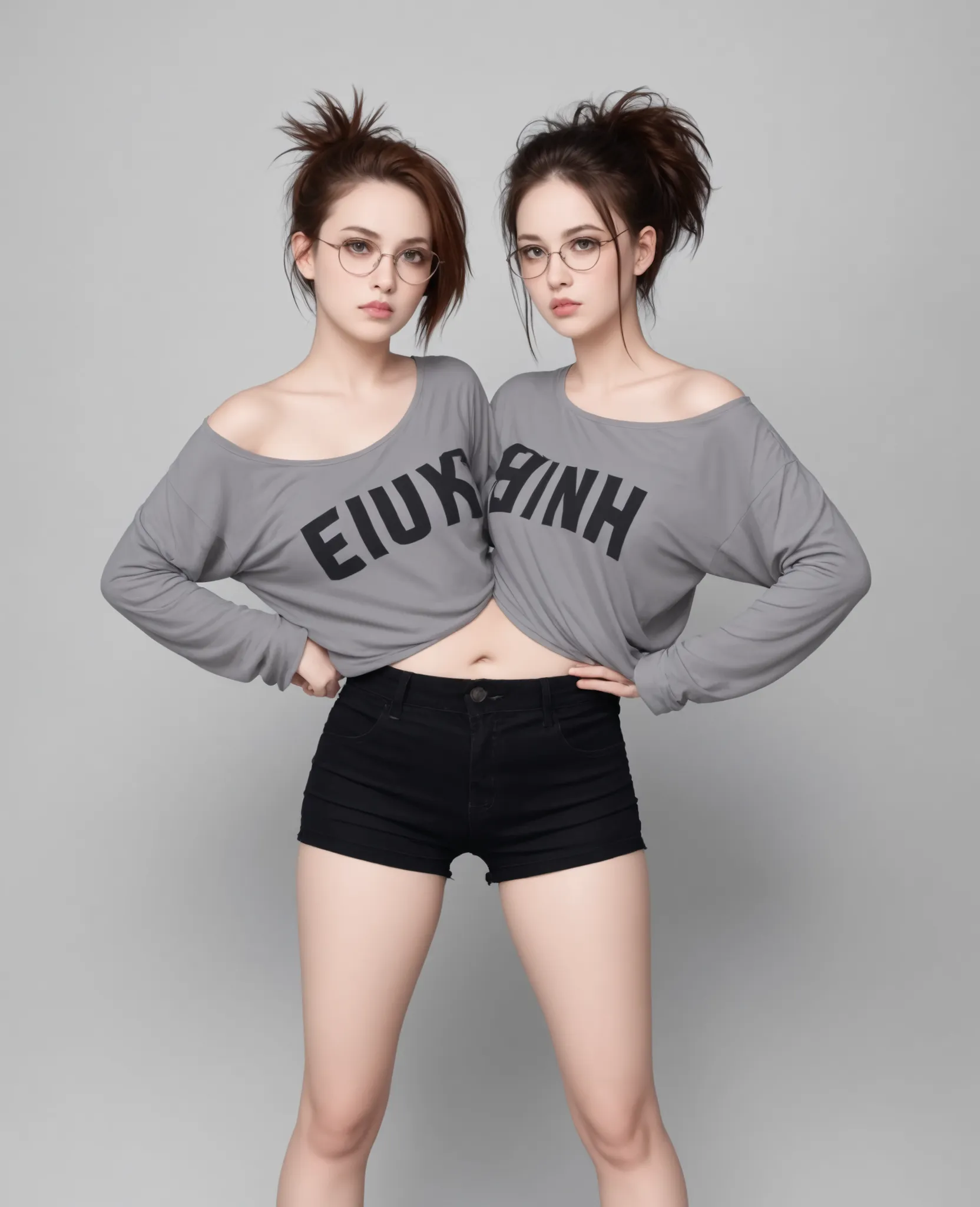  best resolution , 2 heads,  woman with two heads ,  connected , short, reddish brown hair, messy cut hair, glasses, Mm, playful expression, in oversized graphic tee and short shorts,  one head nerdy, one head punk, round faces , long sleeves, waist,  , wa...