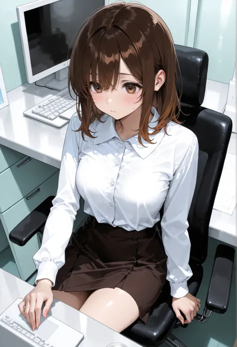 brown hair medium、white shirts