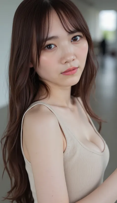 1 girl, 20 years old, young girl, Japanese girl, long hair, (I'm wearing a tank top with thin straps, plated mini skirt), Open button, button, photoshot, close-up, Natural Breasts, skinny, Chest, Attractive Faces