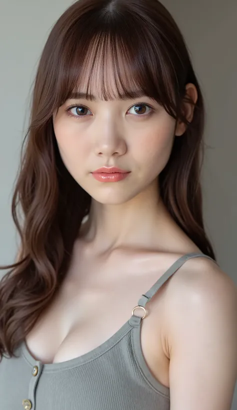 1 girl, 20 years old, young girl, Japanese girl, long hair, (I'm wearing a tank top with thin straps, plated mini skirt), Open button, button, photoshot, close-up, Natural Breasts, skinny, Chest, Attractive Faces
