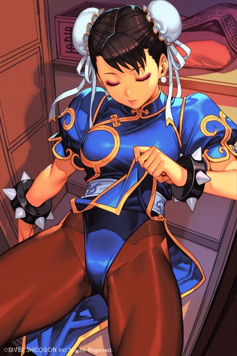 masterpiece, Highest Quality, Good Quality, newest, Official Art,  Yusuke Murata , Hungry Clicker,Chunli, 1 girl on break day, blue dress,   unitard  ,  buncover, earrings, pelvic curtain, hair bun, eyeshadow, Thighs,  spike bracelet , lips, ribbon, hair r...