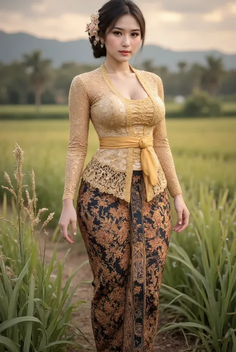 Capture an award-winning editorial fashion photograph of a beautiful busty Javanese peasant woman donning a brocade kebaya dress and batik long skirt, simple bun hairdo with small beautiful flowers in her hair, insanely detailed and intricate rice field ba...