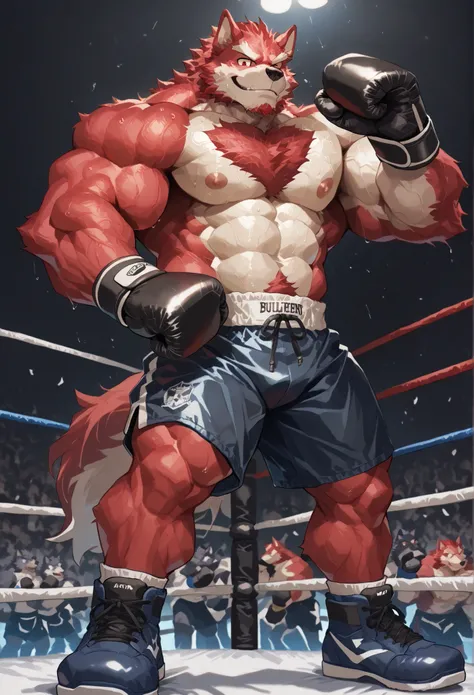 4K, masterpiece quality, pov_boxing, Looking down on the losers, black boxing shoes, dark navy boxing gloves, navy black boxing shorts with gold side lines, full body, depth of field, boxing, proudly pose, hands on hips and one arm raised pose, boxing ring...