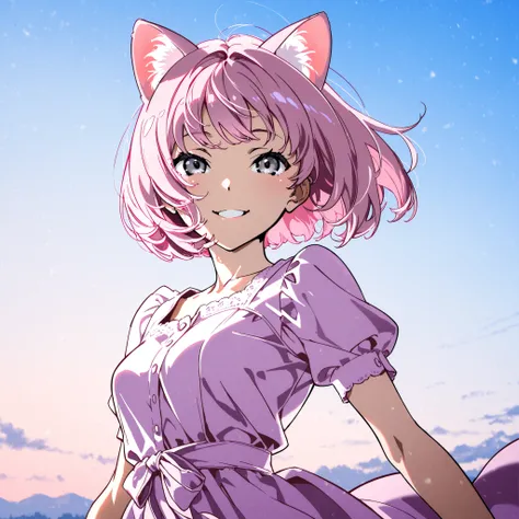 (yoneyama mai style), dynamic pose, half body, 3/4 angle, masterpiece, high quality, pale pink hair girl, bob tidy hair, pale pink cat ears, bluish gray eyes, anime style, adult face, cute, smiling, sky background, dress