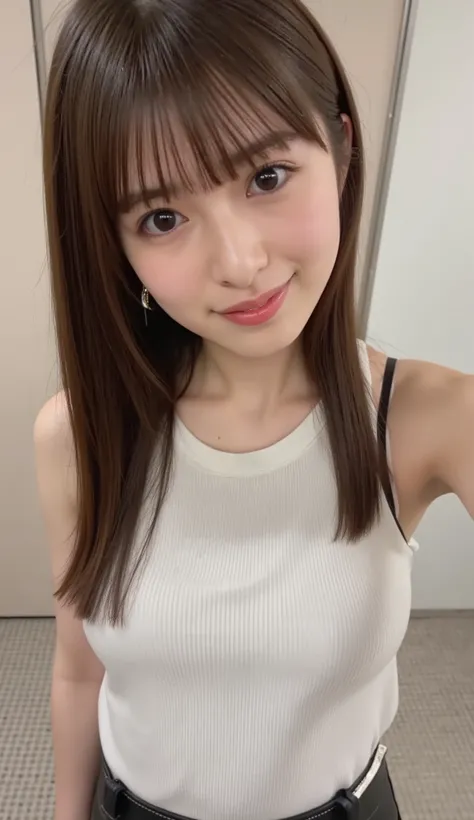 1 girl, 20 years old, young girl, Japanese girl, dark brown long hair, (I'm wearing a tank top with thin straps, plated mini skirt), Open button, button, Photo selfie, close-up, Natural Breasts, skinny, Chest.