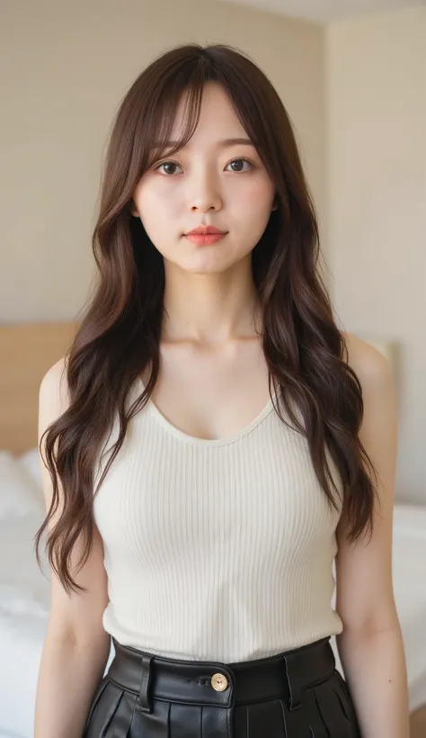 1 girl, 20 years old, young girl, Japanese girl, dark brown long hair, (wearing a neat tank top with thin straps, plated mini skirt), Open button, button, Photo selfie, close-up, Natural Breasts, skinny, Chest.