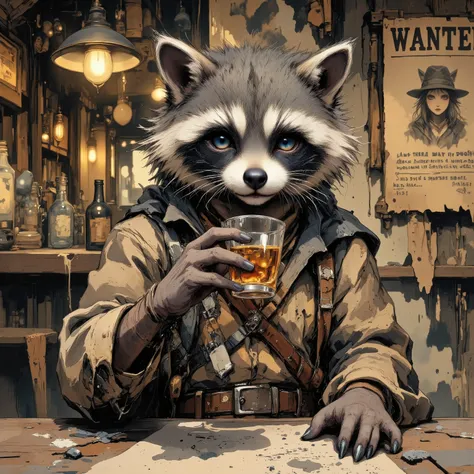 (masterpiece, best quality:1.2), 1animal, solo,(raccoon ,no hat,Western Gunman,vintage,drinking a glass of alcohol ),ink wash painting, (Wanted letter in the western bar), My cat buddy on the table