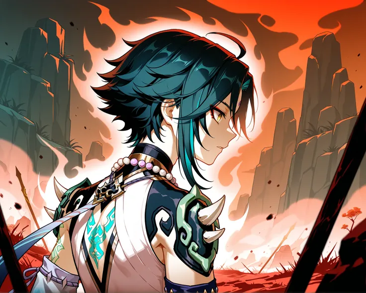 Xiao, from the video game Genshin Impact, killing demons, ominous aura, In a wasteland full of s, epic image,