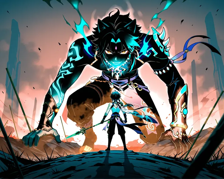 Xiao, from the video game Genshin Impact, killing demons, ominous aura, In a wasteland full of s, epic image,