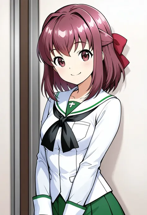 high resolution、Highest Quality、super quality、shot from the front、is smiling、one girl、solo、 Kondo Taeko 、smile、Absolute reference to center 、Red brown pretty eyes、 shiny brown hair , short hair ,Red Ribbon、 ( Beautiful brown eyes )、 very detailed face, hig...