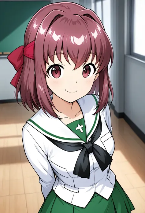 high resolution、Highest Quality、super quality、shot from the front、is smiling、one girl、solo、 Kondo Taeko 、smile、Absolute reference to center 、Red brown pretty eyes、 shiny brown hair , short hair ,Red Ribbon、 ( Beautiful brown eyes )、 very detailed face, hig...