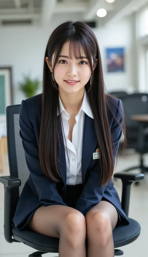 (full body image:1.5), (From the top of her head to the tips of her feet :1.5), Sleek long black hair , Professional Office Lady with Long Dark Hair, is sitting in a chair with her legs crossed, The height of the chair is 60cm, Highest Quality, detailed e...