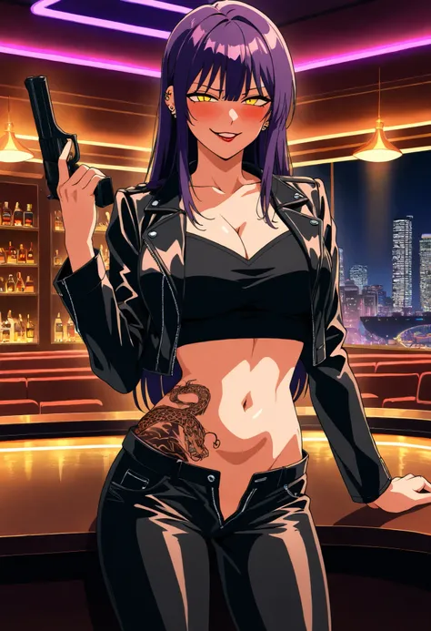 score_9, score_8_up, score_7_up, score_6_up, uncensored, , bloom, BREAK Kozono Nami, 1girl, solo,, parted lips, yellow eyes, long hair, purple hair, , ear piercing, long hair, blush, lipstick,Hot girl, baddie, smoking, sensual, attractive,,masterpiece,best...