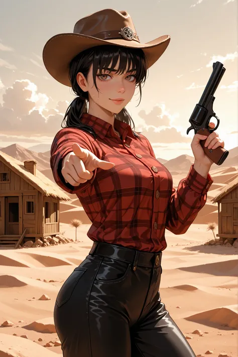 masterpiece , Best Quality , photo the cowboy , alone , 1 girl , mitaka asa , long hair , low ponytails , brown eyes , wearing cowgirl hat , seductive look , wry smile , sweat , looking at viewer , pointing gun at viewer , standing , holding gun , gun , ha...