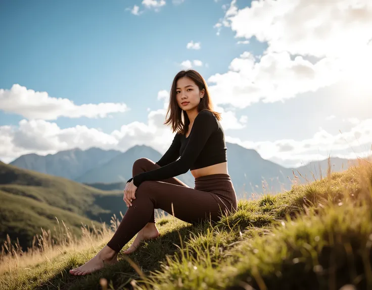  Ultra-realistic full-body outdoor photograph of a beautiful young woman with fair skin and medium-length dark brown hair, slightly wavy and casually styled. She is sitting sideways on a grassy slope along a mountain trail, one knee raised slightly and the...