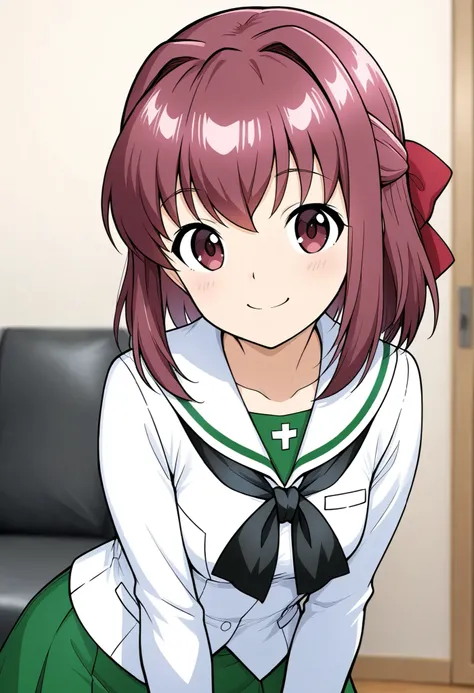 high resolution、Highest Quality、super quality、shot from the front、is smiling、one girl、solo、 Kondo Taeko 、smile、Absolute reference to center 、Red brown pretty eyes、 shiny brown hair , short hair ,Red Ribbon、 ( Beautiful brown eyes )、 very detailed face, hig...