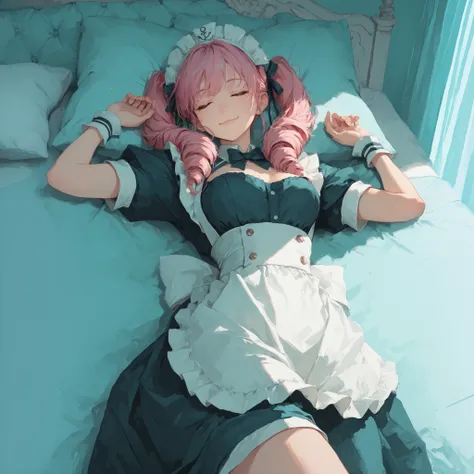 masterpiece, Highest Quality, high resolution, solo,aqua, pink hair,twin tails, drill hair, Maid Headdress, Chest, Short Sleeves, wrist cuffs,  Cowboy Shots, smile, bedroom,pillow,sleeping in bed for a long time。