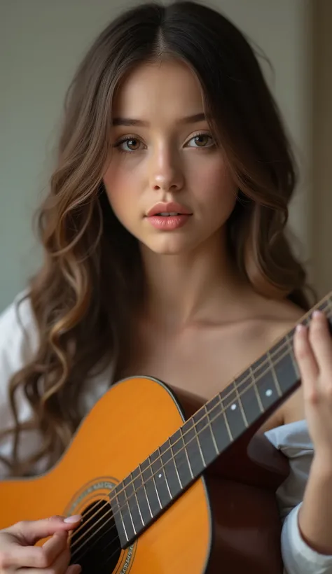 a pretty girl is singing and playing guitar, half body, eyes open