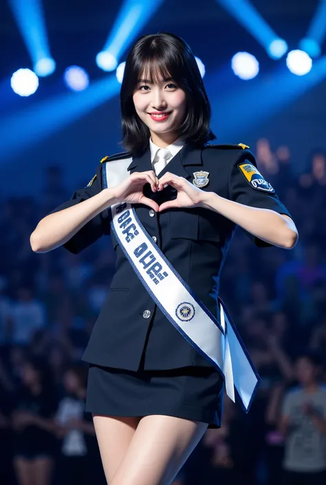 Create a portrait of a stunning Japanese female singer. She has a slender figure, medium-sized bust, and thin legs, with medium-length hair. She is wearing a Japanese police uniform as a one-day police chief, featuring a sash that reads "One-Day Police Chi...