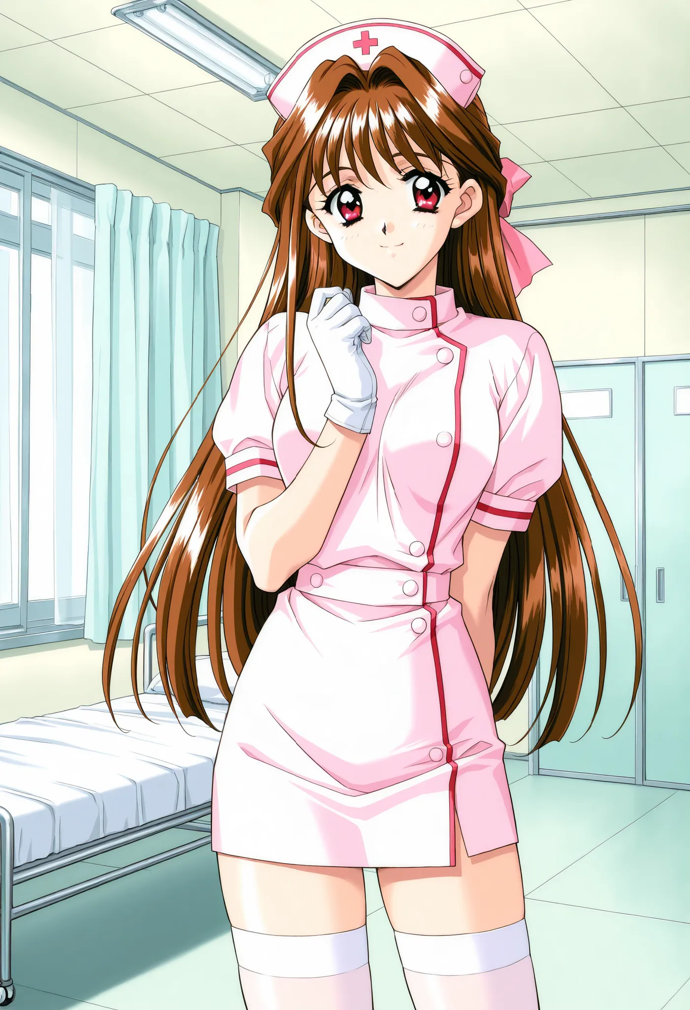 Score_9, score_8_up, score_7_up, source_anime, MinamizatoAi, 1girl, solo, long hair, brown hair, red eyes, bangs, 1990s (style), kadoi aya style, hair ribbon, pink ribbon, (best quality), (high quality), {masterpiece}, extremely delicate and beautiful, ult...