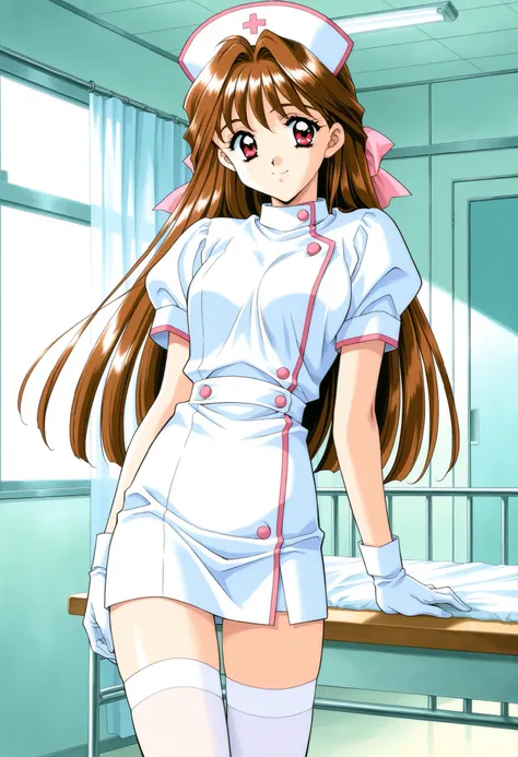 Score_9, score_8_up, score_7_up, source_anime, MinamizatoAi, 1girl, solo, long hair, brown hair, red eyes, bangs, 1990s (style), kadoi aya style, hair ribbon, pink ribbon, (best quality), (high quality), {masterpiece}, extremely delicate and beautiful, ult...