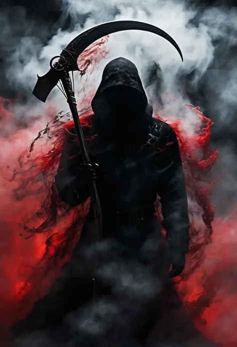 Black grim reaper, Engulfed BY black and red, (Holding scythe),detailed weapon, best quality, ultra-detailed, dark and mysterious, Gothic style, menacing presence, haunting atmosphere, ethereal lighting, grim and foreboding, eerie shadows, swirling mist, s...