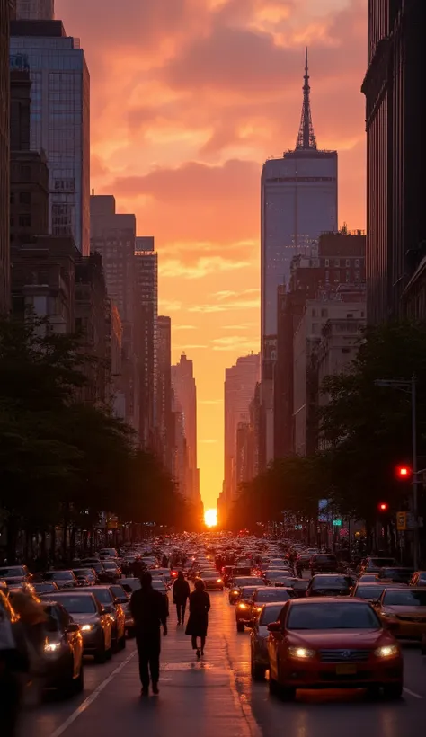 highdefinition images。the sunset on Fifth Avenue in New York and the hustle and bustle of the city、Lots of cars and people、beautiful images all over。