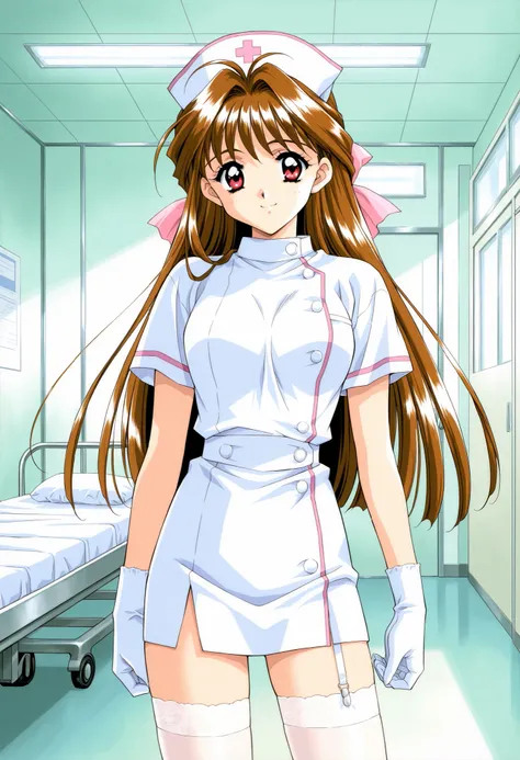 Score_9, score_8_up, score_7_up, source_anime, MinamizatoAi, 1girl, solo, long hair, brown hair, red eyes, bangs, 1990s (style), kadoi aya style, hair ribbon, pink ribbon, (best quality), (high quality), {masterpiece}, extremely delicate and beautiful, ult...